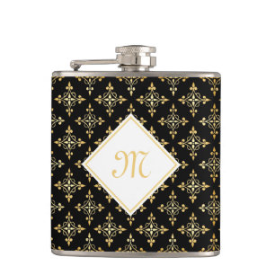 Flasques Monogramme de luxe Noir et Or Quatre Floral