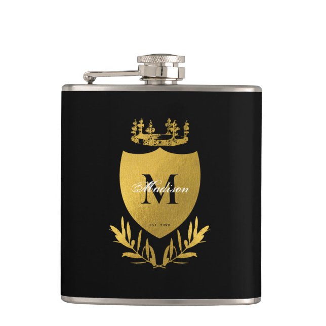 Flasques Monogramme du bouclier royal noir et or (Devant)