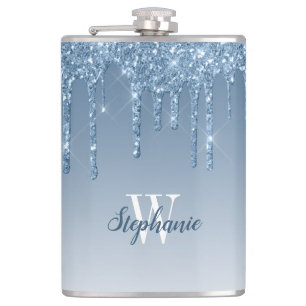 Flasques Monogramme Faux Pailleté Bleu Élégant qui Dégoulin
