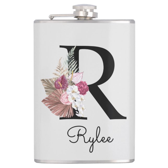 Flasques Monogramme initial R rose Boho Girly Floral (Devant)