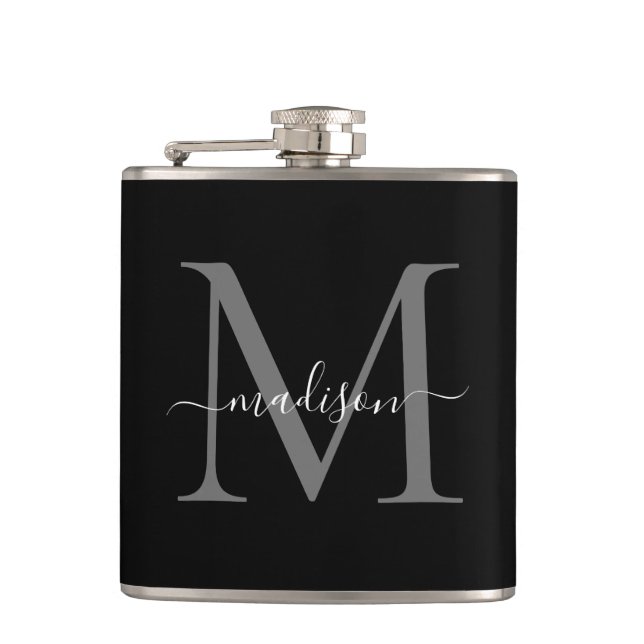Flasques Monogramme moderne noir gris argenté Nom du script (Devant)