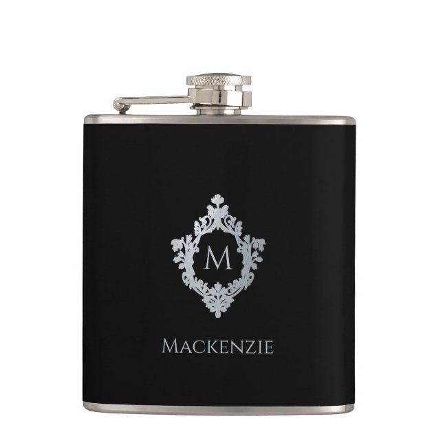 Flasques Monogramme Noir Élégant Vintage Crest Nom gris (Devant)