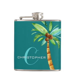 Flasques Monogramme Nom propre Élégant Palm Groomsmen Turqu