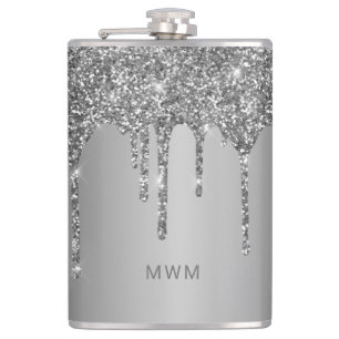 Flasques Monogramme Pailleté Gouttes de Vernis Argenté Élég