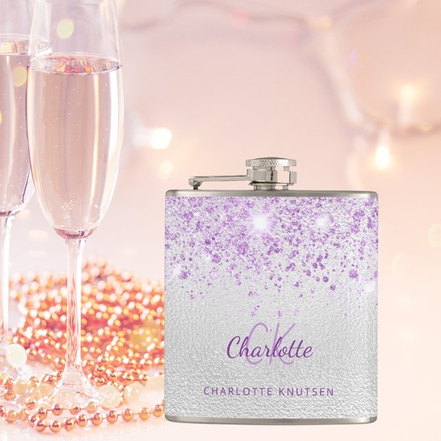 Flasques Monogramme pailleté violet argent meilleures amies (Créateur téléchargé)