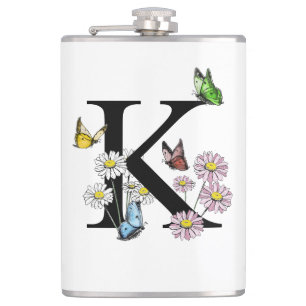 Flasques Monogramme papillon aquarelle florale lettre K