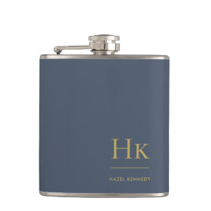 Flasques Monogramme Personnalisé Classique Bleu Nuit Or