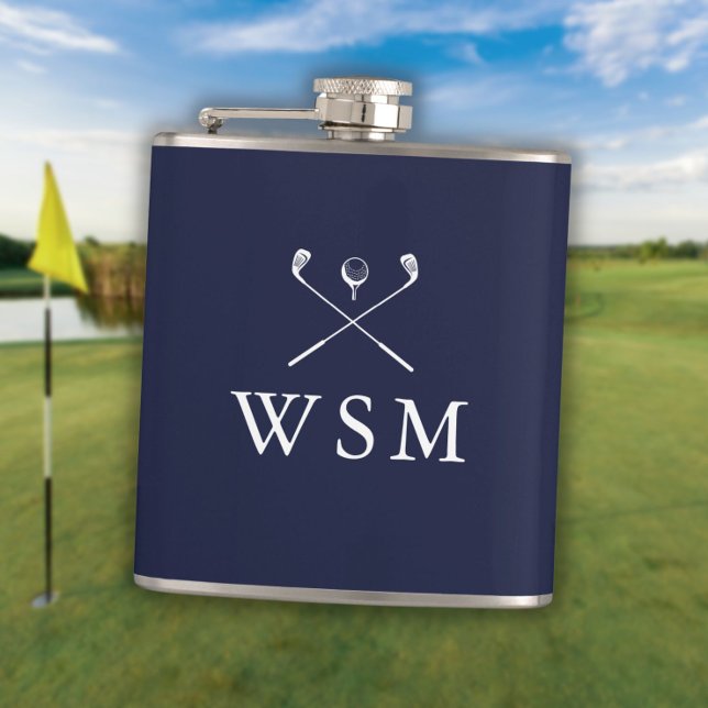 Flasques Monogramme personnalisé Club de golf Marine Blue (Personalized Monogram Golf Clubs Navy Blue Flask)