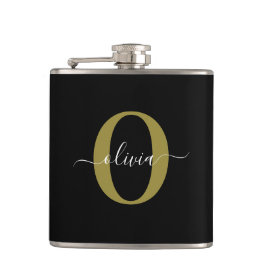 Flasques Monogramme personnalisé Nom du script Black White 