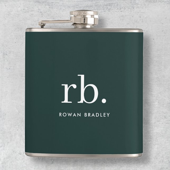Flasques Monogramme vert foncé élégant minimaliste moderne (Stylish dark green custom monogram flasks.)