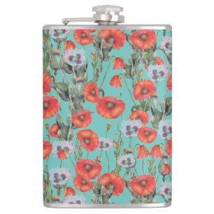 Flasques Motif des Poppies rouges et aqua