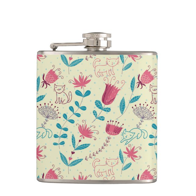 Flasques Motif floral avec des chats de bande dessinée (Devant)