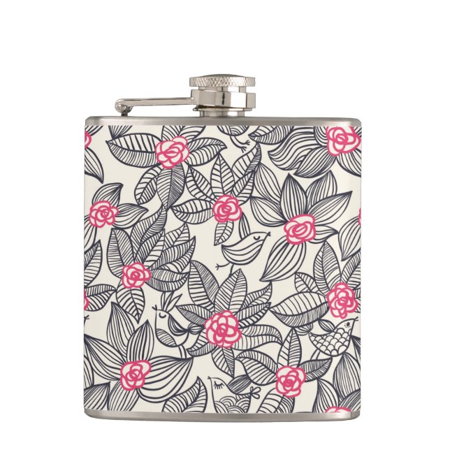 Flasques Motif floral avec des oiseaux de bande dessinée (Devant)