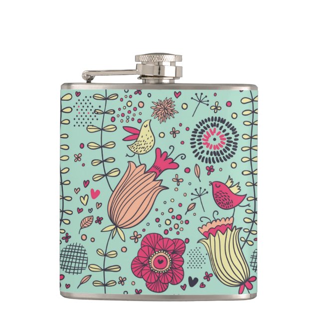 Flasques Motif floral de bande dessinée avec des oiseaux (Devant)