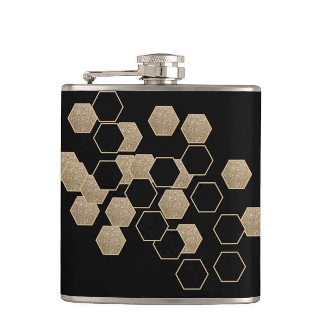 Flasques motif hexagone élégant géométrique noir et or (Devant)