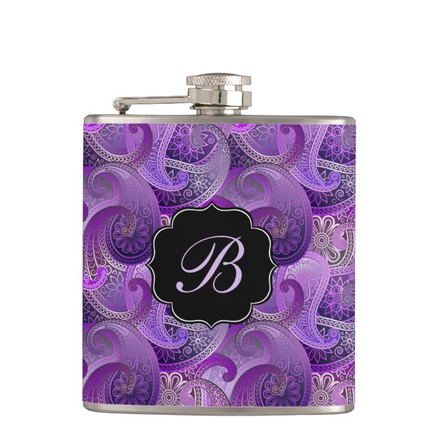 Flasques Motif pourpre Paisley Damask avec Monogramme (Devant)