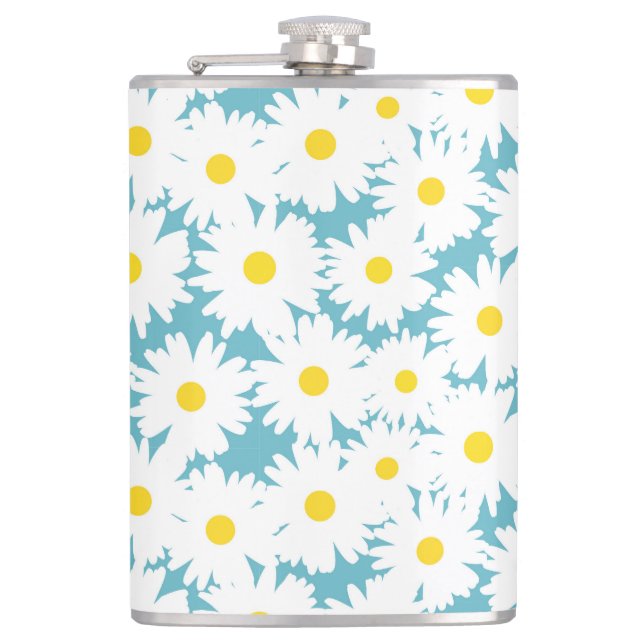 Flasques Négative Space Daisies blanc jaune sur bleu (Devant)
