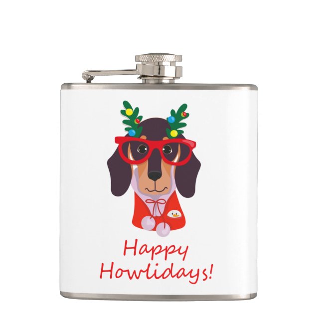 Flasques Noël mignon chien drôle Dachshund Howlidays 6 oz (Devant)