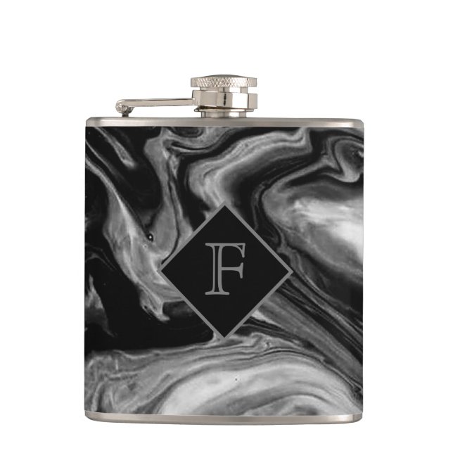 Flasques Noir classique et Marbre blanc Monogrammé (Devant)