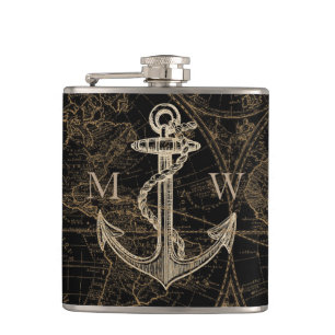 Flasques Noir nautique de monogramme d'Ancre de Vieux Monde