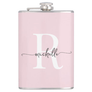 Flasques Nom Monogramme Rose Pâle Moderne Écriture Élégante