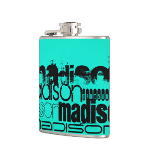 Flasques Nom personnalisé ; Noir & Néon Aqua Turquoise