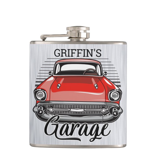 Flasques NOM personnalisé Retro Red Classic Car Garage (Devant)