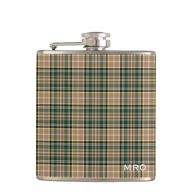 Flasques O'Farrell Tartan Monogramme vert et tan Plaid (Devant)
