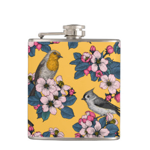 Flasques Oiseaux et fleurs sur le jaune