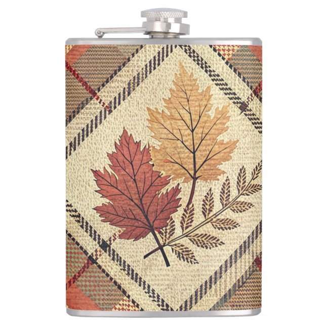 FLASQUES OR VERT ROUGE CHUTE PLAID MOTIFS AVEC FEUILLES (Devant)