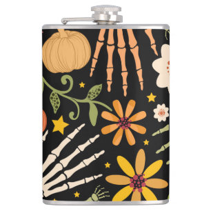 Flasques Os d'Halloween, motif floral sans couture.