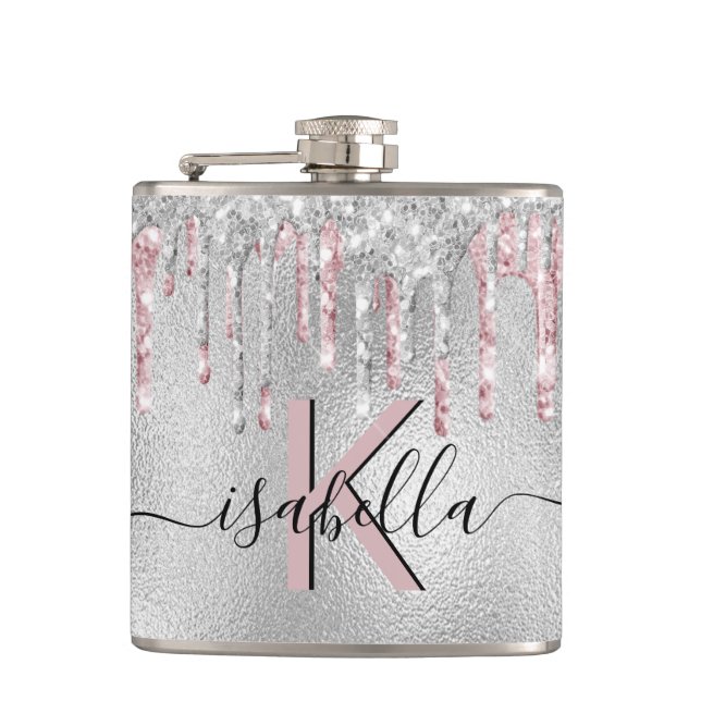 Flasques Paillettes argent monogramme rose écriture scintil (Devant)
