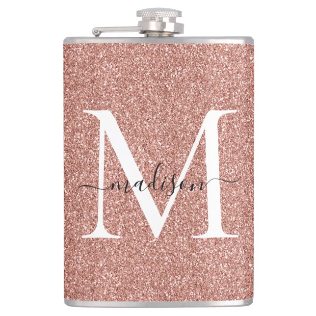 Flasques Paillettes de rose doré girly Monogramme élégant (Devant)