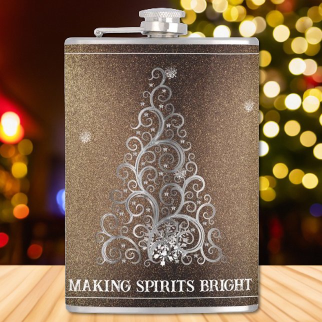 Flasques Parties scintillant d'arbre de Noël et flocons de  (Gold Christmas Tree Glitter and Snowflakes Flask)