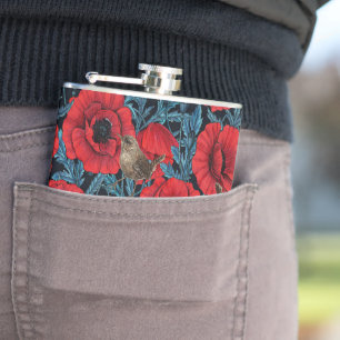 Flasques Pavot rouge et brunes, feuilles bleus sur noir
