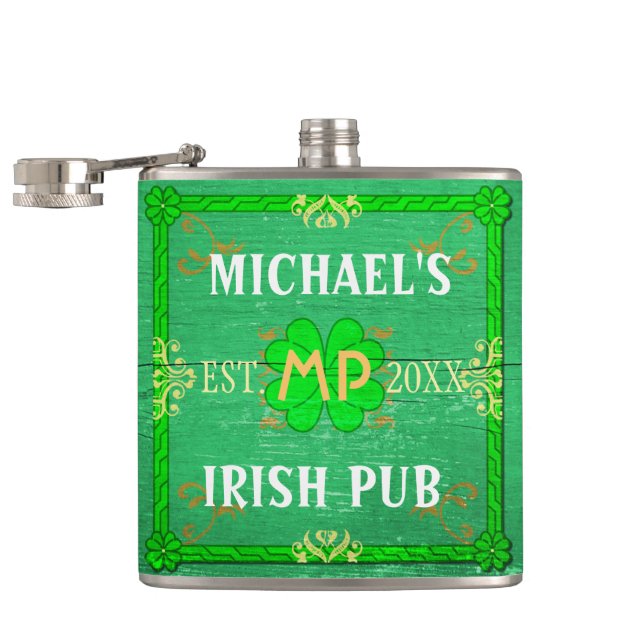 Flasques Personnalisable votre vert irlandais nommé de Pub (Ouvert)
