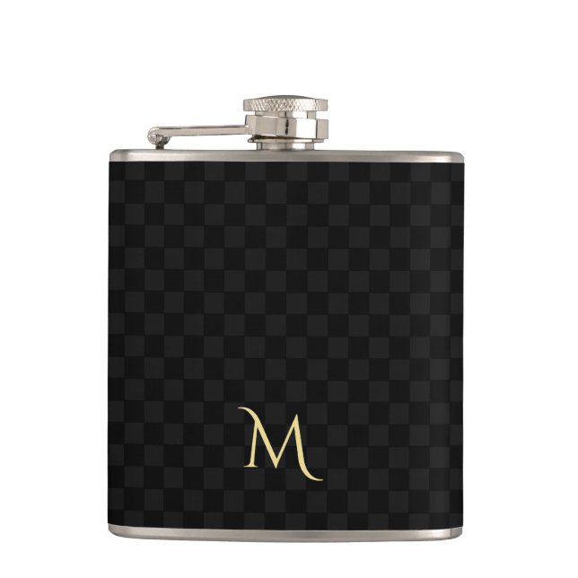 Flasques Personnalisé Monogramme Élégant À damiers Noir (Devant)
