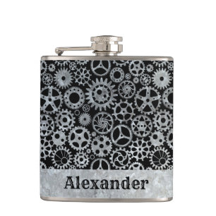Flasques Petit Steampunk Silver Zinc engrenages Nom personn