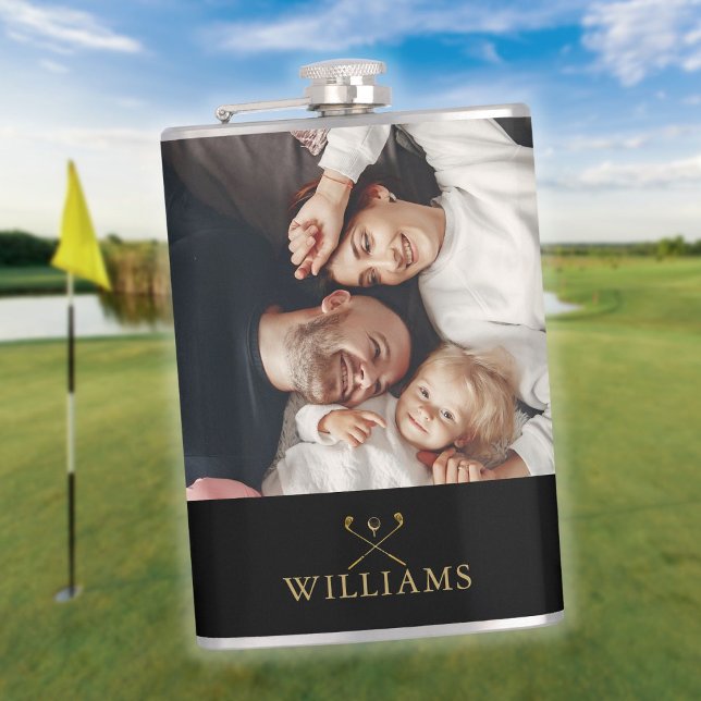 Flasques Photo Personnalisée Clubs De Golf Noir Et Or (Personalized Photo Black And Gold Golf Clubs Flask)