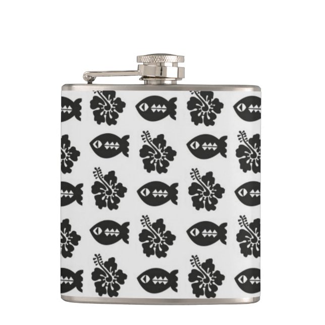 Flasques Poisson Tiki noir et blanc et Motif de fleurs (Devant)