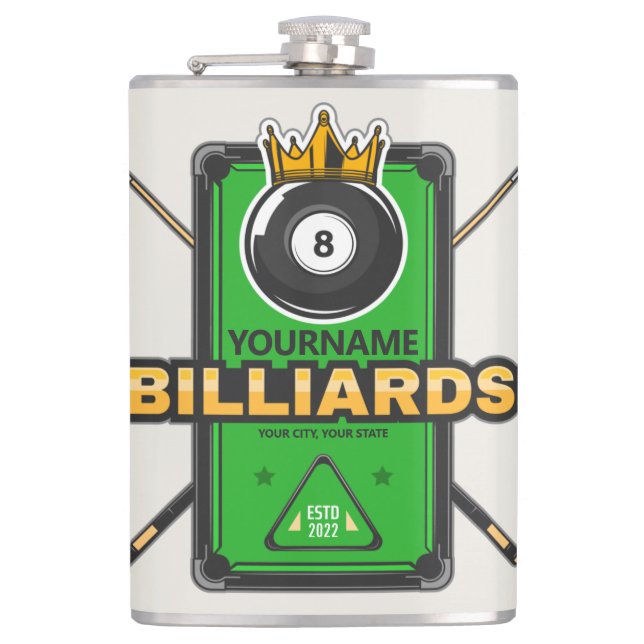 Flasques Pool Hall personnalisé NOM 8 Ball Crown Billiards (Devant)