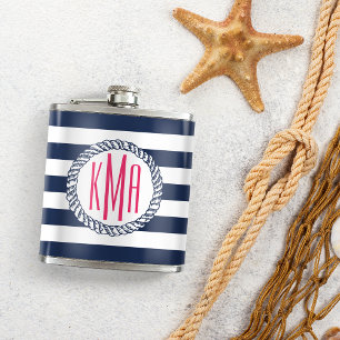 Flasques Preppy Nautical Navy & White Stripe Pink Monogramm