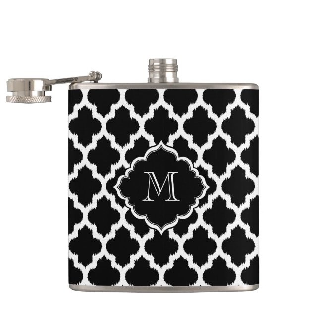 Flasques Quatrefoil Ikat Blanc Et Noir Monogramme (Ouvert)