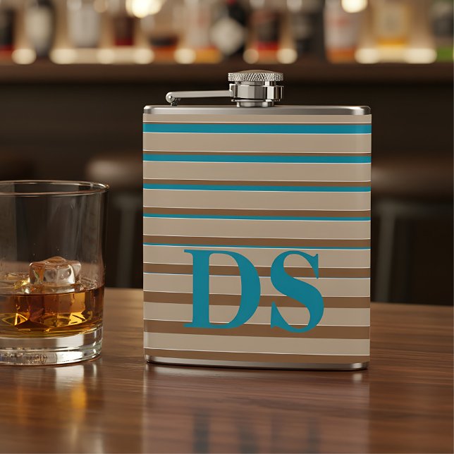 Flasques Rayures horizontales Monogramme Brown et bleu (flask with monogram)