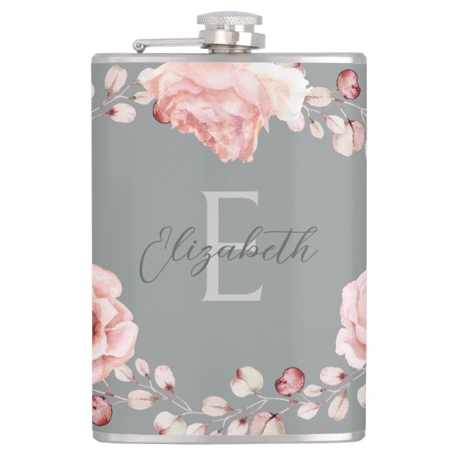 Flasques Rose d'aquarelle Wreath personnalisée | Gray (Devant)