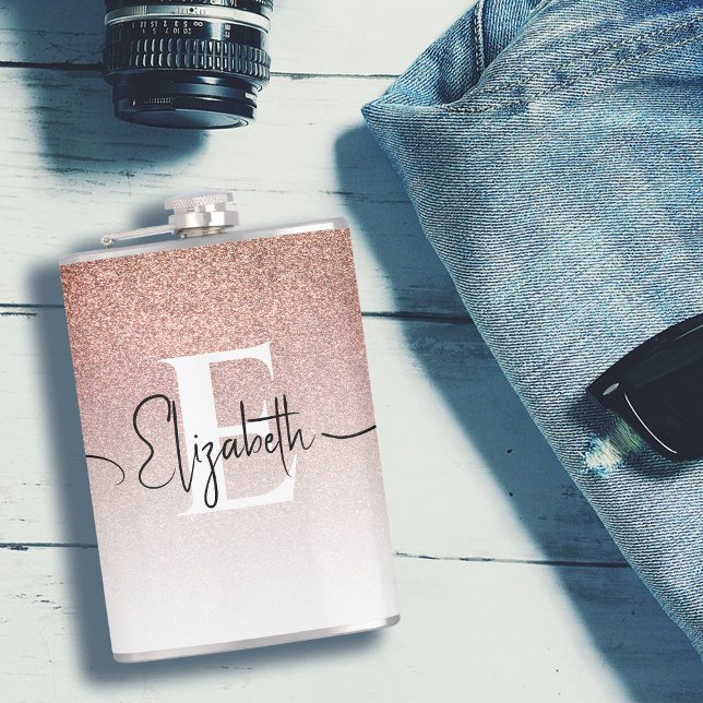 Flasques Rose fille Parties scintillant or Monogramme noir  (Créateur téléchargé)