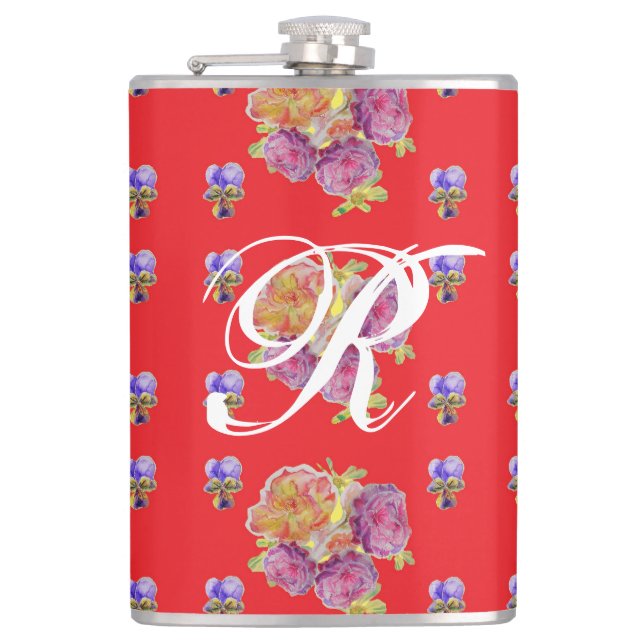 Flasques Rose rouge Shabby Chic Rose Motif Floral Initial (Devant)