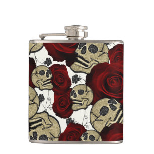 Flasques Roses Rouges & Crânes Floral Noir Gothique Blanc