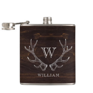 Flasques Rustique Brown Antler Monogrammé Groomsman Cadeau