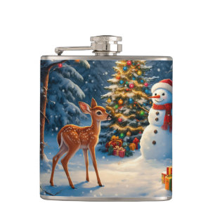 Flasques Scene d'arbre de Noël Cute Deer Fawn Snowman